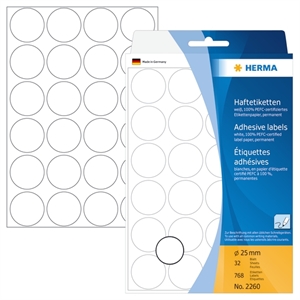 HERMA label manual ø25 white mm, 768 pieces.