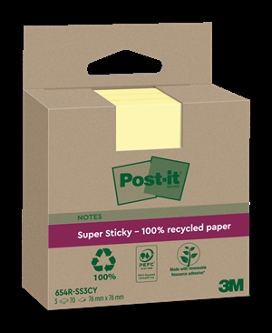 3M Post-it notes super sticky Canary Yellow 76 x 76 mm, Recycled - 3 pack