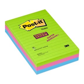 3M Post-it notes super sticky 102 x 152 mm, lined assorted neon - 3 pack