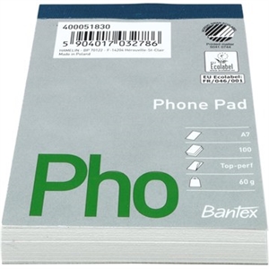 Bantex telephone pad, A7, unlined, unpunched