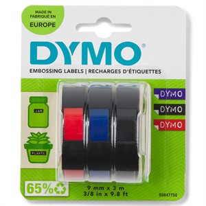Tape Embosser 9mm x 3m (red/blue/black), 3-pack