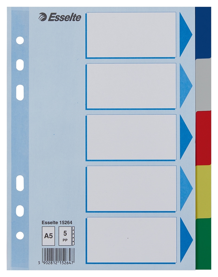 Esselte Dividers PP A5 5-part colored tabs