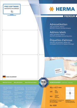 HERMA Premium A4 Labels 100 sheets, 99.1 x 67.7 mm, 800 pieces.