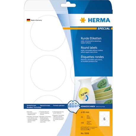 HERMA removable label ø85 mm, 600 pieces.