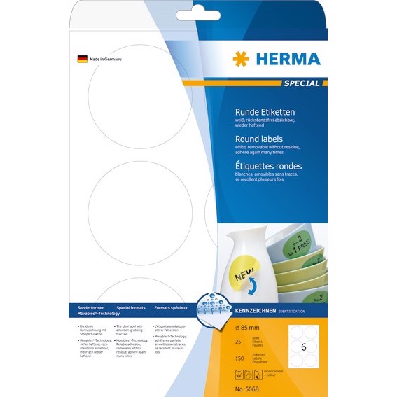HERMA removable label ø85 mm, 600 pieces.