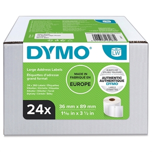 Dymo Label Addressing 36 x 89 permanent white mm, 24 rolls of 260 labels each.